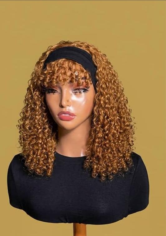 Blonde curly headband human hair wig styled at Mibest Beauty
