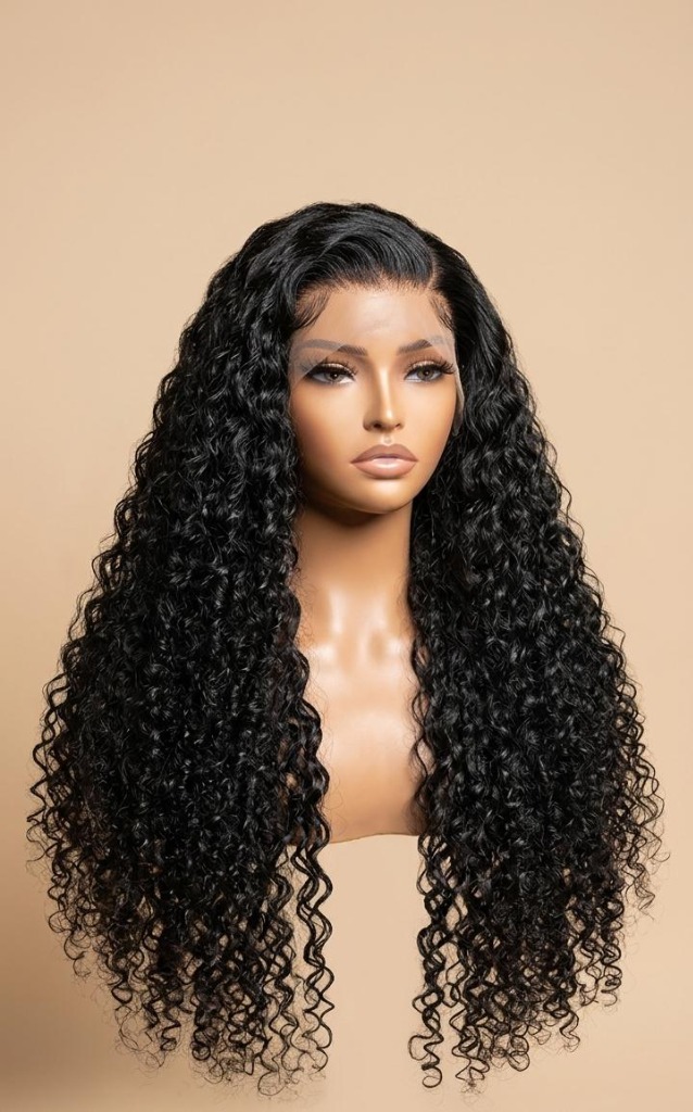 Water wave human hair wig in natural black styled at Mibest Beauty
