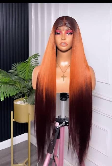 Auburn ombre straight human hair wig styled at Mibest Beauty