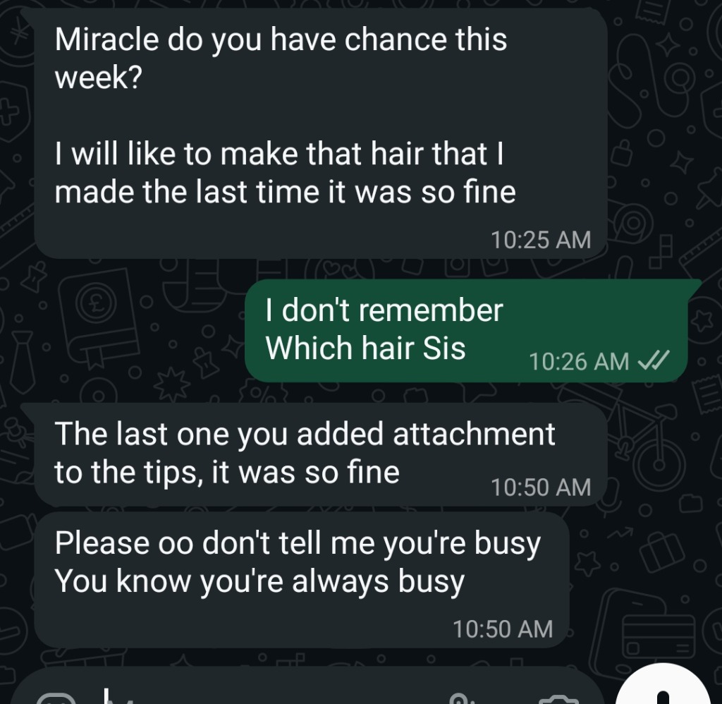 WhatsApp conversation review from a happy client of Mibest Beauty