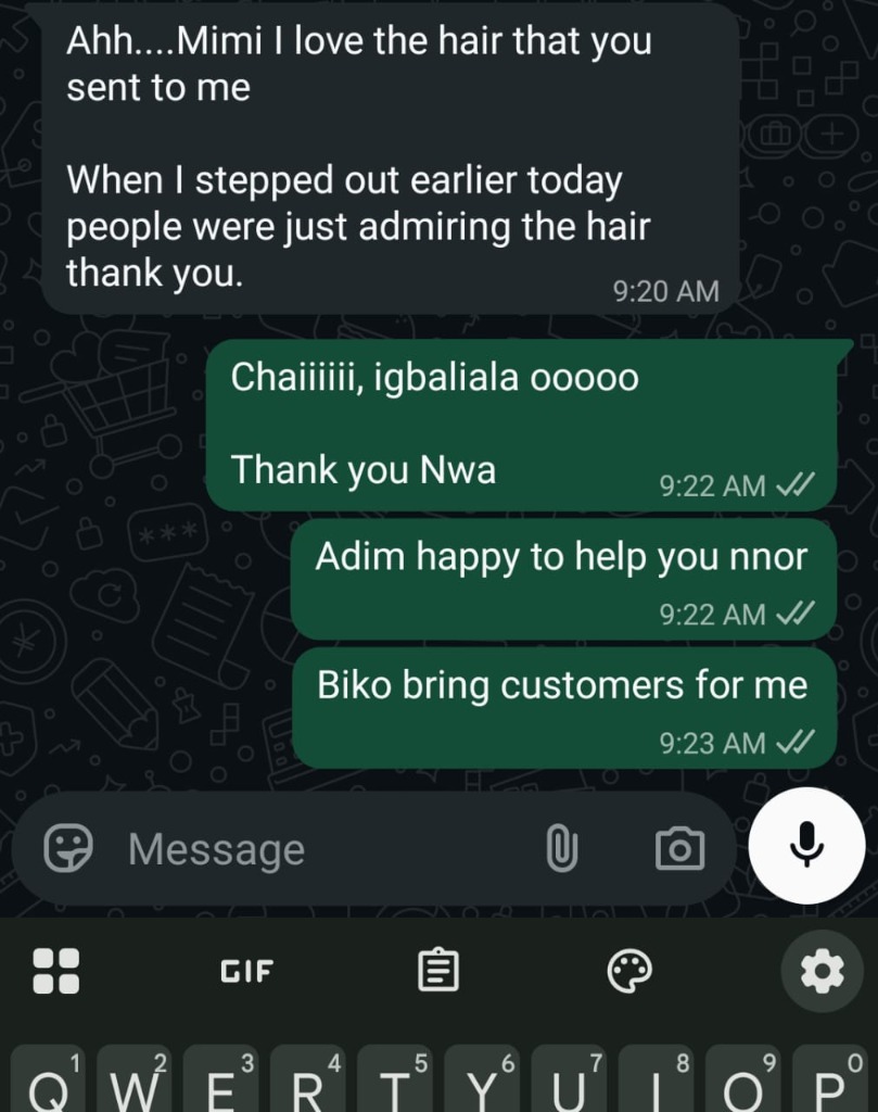 WhatsApp conversation review from a client delighted with her braids styling at Mibest Beauty